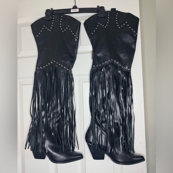 Black Fringe Knee-High Boots - Picture 2 of 5